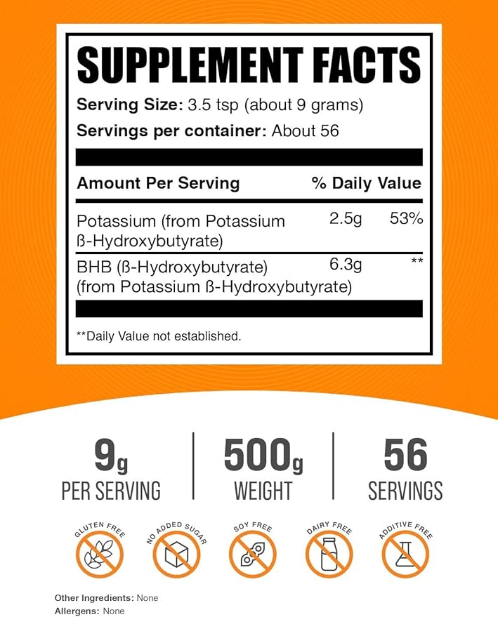 BulkSupplements.com Potassium BHB Powder - Beta-Hydroxybutyrate Powder, Unflavored Potassium BHB Supplement - Vegan & Gluten Free, 9g per Serving, 500g (1.1 lbs) (Pack of 1)