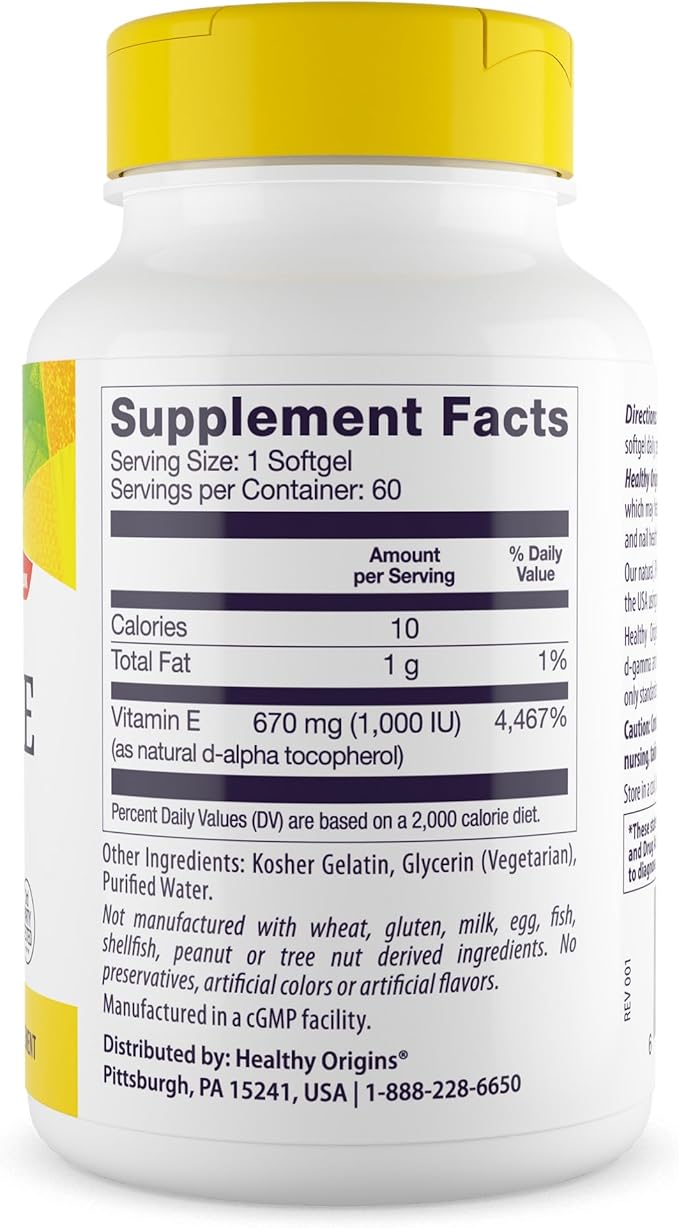 Healthy Origins Vitamin E, 1,000 IU (Natural) Mixed Tocopherols - Vitamin E Supplement - Gluten-Free & Non-GMO Skin, Hair & Nails Vitamin - 60 Softgels