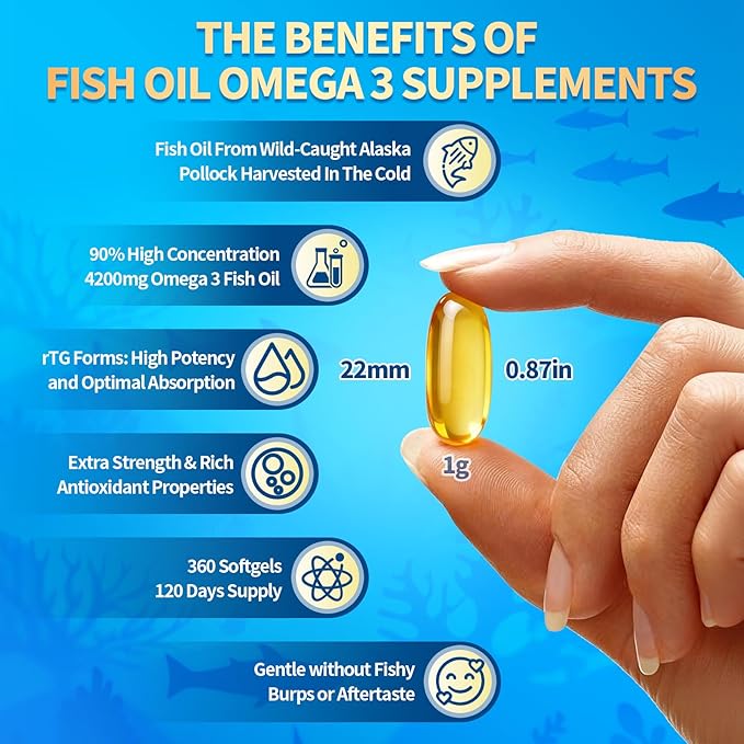 VivoNu Triple Strength Omega 3 Fish Oil - 4200mg, 360 Softgels | Enteric-Coated for No Fishy Aftertaste | Wild-Caught | Third-Party Tested