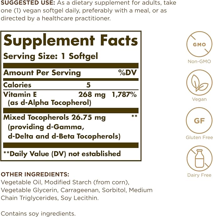 Solgar Vitamin E 268 mg (400 IU) - 100 Vegan Softgels - Naturally Sourced - Non-GMO, Gluten Free - 100 Servings