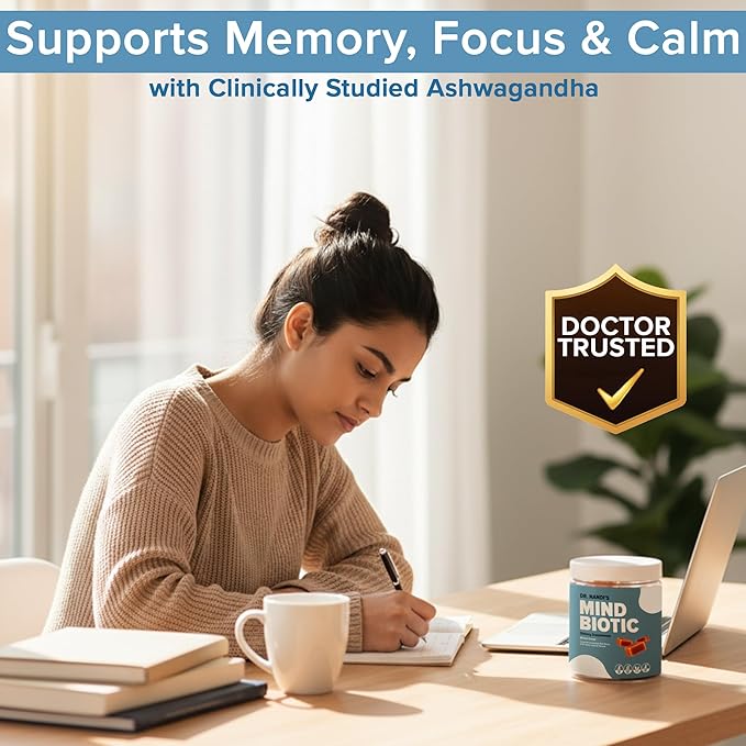 Dr. Nandi's MindBiotic Brain & Digestive Health Supplement - KSM-66 Ashwagandha, Probiotics & Prebiotics - Supports Memory, Focus, Energy & Gut-Brain Connection - 300MG - 60 Caramel Cinnamon Chews