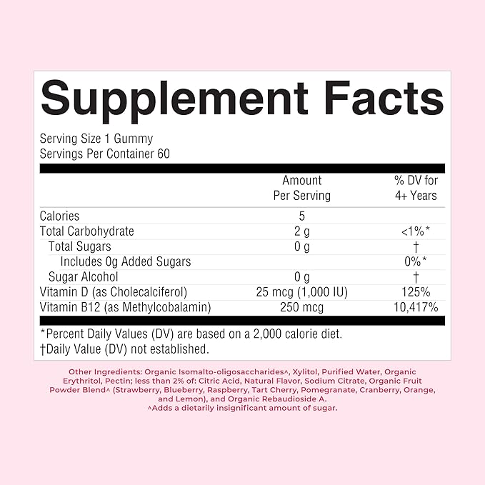 MARYRUTH'S Vitamin D3 + B12 Gummies for Ages 4+ | Sugar Free | Bone Health | Immune Support | Energy Metabolism | Cognitive Function | Vegan | Non-GMO | Gluten Free | 60 Servings | 2 Month Supply
