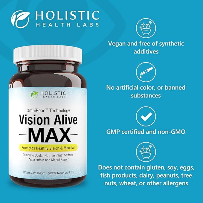 Holistic Health Labs Vision Alive Max with 8 Natural Ingredients Lutemax® 2020, Bilberries, Blueberries, c3g from Black Currant, Maqui Berry, Saffron, and Astaxanthin (30 Count (Pack of 1))