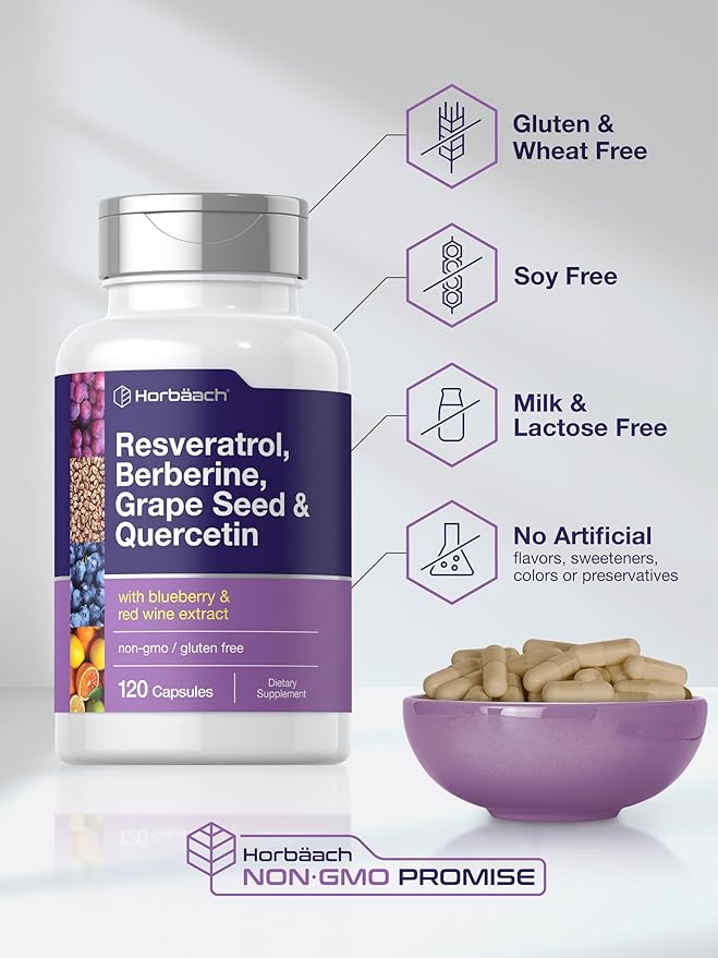Horbäach Resveratrol Berberine Grape Seed & Quercetin | with Blueberry & Red Wine Extract | 120 Capsules | Non-GMO, Gluten Free & Vegetarian Supplement