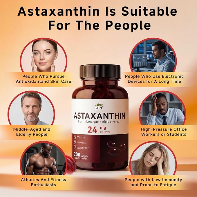 GBN Astaxanthin Supplements 24mg 200 Softgels, Supports Eye, Skin, Joint, Brain, Heart & Immune System Health, Stamina & Healthy Aging for Women & Men, Fresh Microalgae Source