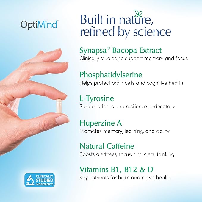 Optimind Brain Supplement for Memory and Focus, Nootropic with Synapsa®, Phosphatidylserine, Vitamin B1 B12, Non-GMO, Mental Clarity, Cognitive Support, Clinically Studied Ingredients, 32 Capsules
