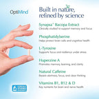 Optimind Brain Supplement for Memory and Focus, Nootropic with Synapsa®, Phosphatidylserine, Vitamin B1 B12, Non-GMO, Mental Clarity, Cognitive Support, Clinically Studied Ingredients, 96 Capsules