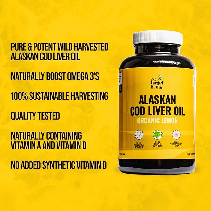 On Target Living Alaskan Cod Liver Oil 120 Soft Gels | Line Caught in The USA | Naturally Occurring Vitamin D | Rich in Omega 3 DHA/EPA