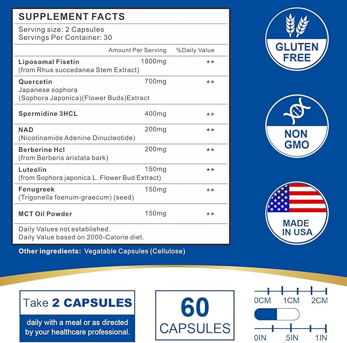 1800mg Fisetin Supplement - Advanced Liposomal Delivery 98% Pure Fisetin Antioxidant for Healthy Aging Non-GMO - 180 Capsules