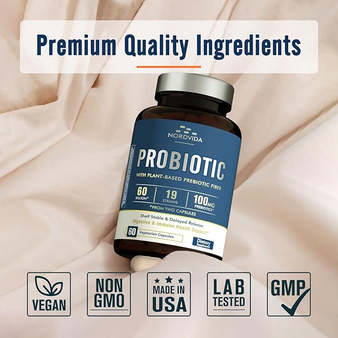 Probiotic 60 Billion 19 Strains with Organic Prebiotic for Men & Women, Digestive & Immune Health, Non-GMO, No Dairy, Shelf Stable, Delayed Release, 60 Vegan Caps