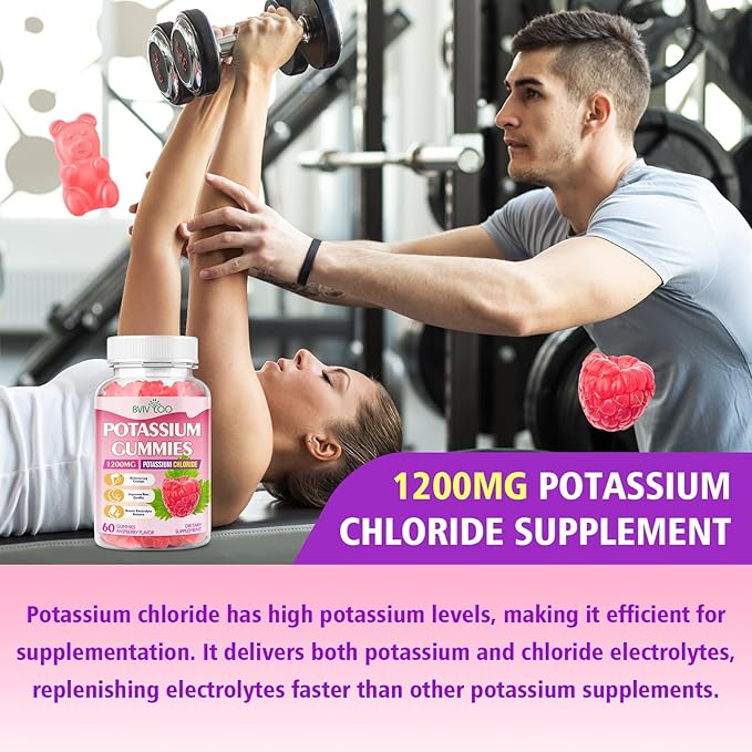 Potassium Gummies for Adults with 1200mg Potassium Chloride - Supports Muscle Health & Leg Cramps, Raspberry Flavor, 120 Count