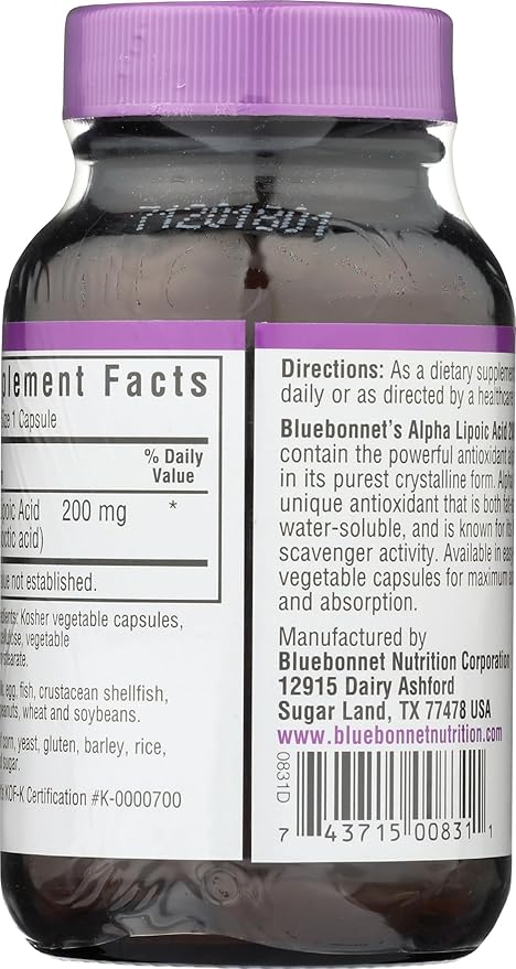 Bluebonnet Alpha Lipoic Acid 200mg - Powerful Antioxidant Nerve Support Supplement - For Women & Men Daily - Non-GMO, Vegan, Kosher - Gluten-Free, Soy-Free, Dairy-Free - 60 Vegetable Capsules