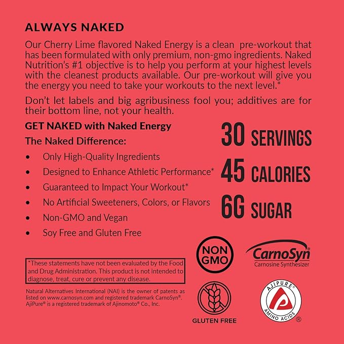 NAKED Cherry Lime Energy - Clean Pre Workout Supplement for Men and Women, NSF Certified, Vegan Friendly, No Added Sweeteners, Colors Or Flavors - 30 Servings