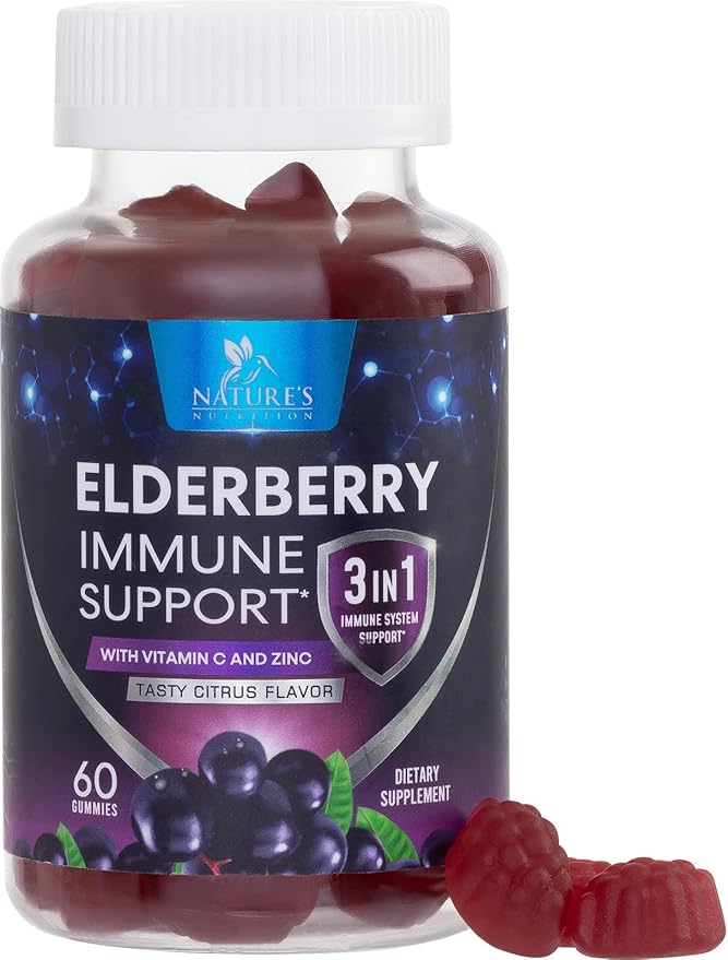 Elderberry Gummies - 3X Strength Black Elderberry Immune Support Gummy with Vitamin C, D3 and Zinc for Kids & Adults, Immune Health Support Supplement Gummy, Black Elder Berry Vitamins - 60 Gummies