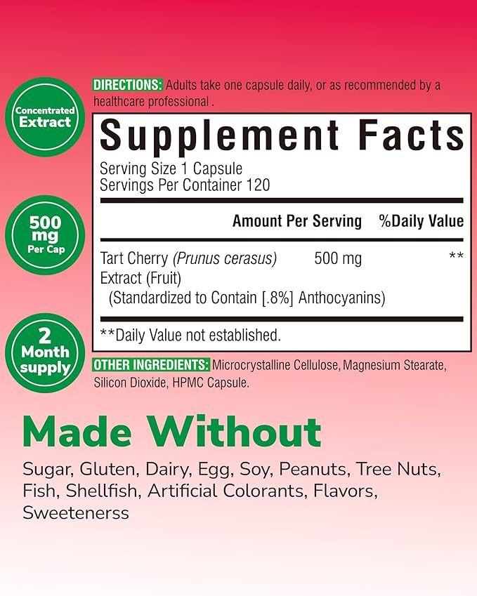 Tart Cherry Capsules, 500 mg Tart Cherry Extract Per Capsule, Montmorency Tart Cherries, Uric Acid Balance, Immune Support, Non-GMO, 120 Vegan Capsules