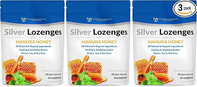 Silver Lozenges with Organic Manuka Honey and Vitamin C - All-Natural Nano Silver 45-50mcg of 60 PPM Colloidal Mineral Drops to Support Immune System, 72-Lozenges