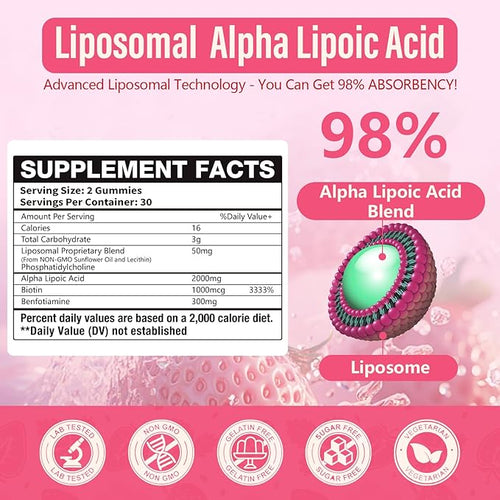 3 Pack Liposomal Alpha Lipoic Acid Gummies 2000mg Gummies,High Potency ALA Complex Biotin & Benfotiamine for Antioxidant, Brain Health and Nerve* Support,Liposomal Enhance 98% Absorption