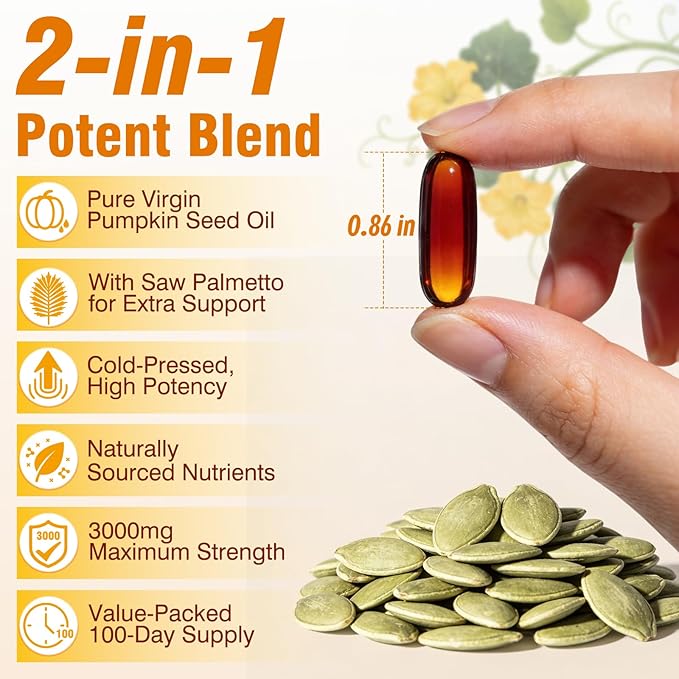 Pumpkin Seed Oil with Saw Palmetto - Cold-Pressed Softgels for Hair Growth & Prostate Support - Organic Supplement for Men & Women, Non-GMO, 300 Softgels