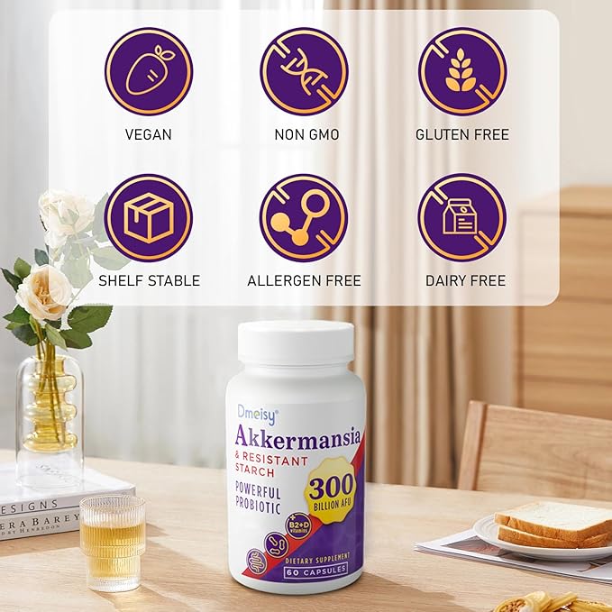 Akkermansia Supplement - 300 Billion AFU Akkermansia Muciniphila, Akkermansia Probiotic for Women & Men, for Boost , Digestive, Gut, Immunity, Enhances Gut Lining Function & Intestinal Walls, 60 Count