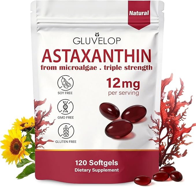 Astaxanthin 12mg, Premium Astaxanthin Antioxidant Supplements, Supports Eye, Skin, Immune, Internal Circulation, Fresh Microalgae Source, Triple Strength, Non-GMO, 4 Month Supply, 120 Softgels