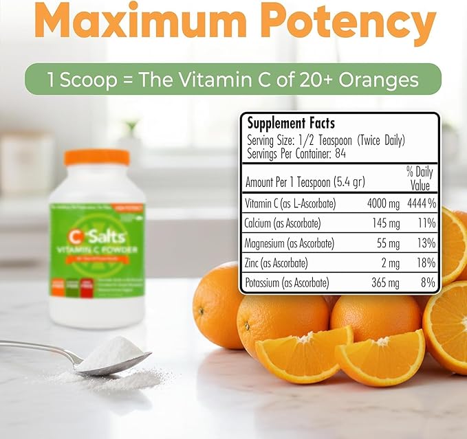C-Salts Vitamin C Powder - 100% Pure Buffered Ascorbic Acid Powder for Daily Immune Support & Collagen Production - Stomach-Friendly Organic Vegan Non-GMO Sugar-Free - 84 Servings - Original, 8oz