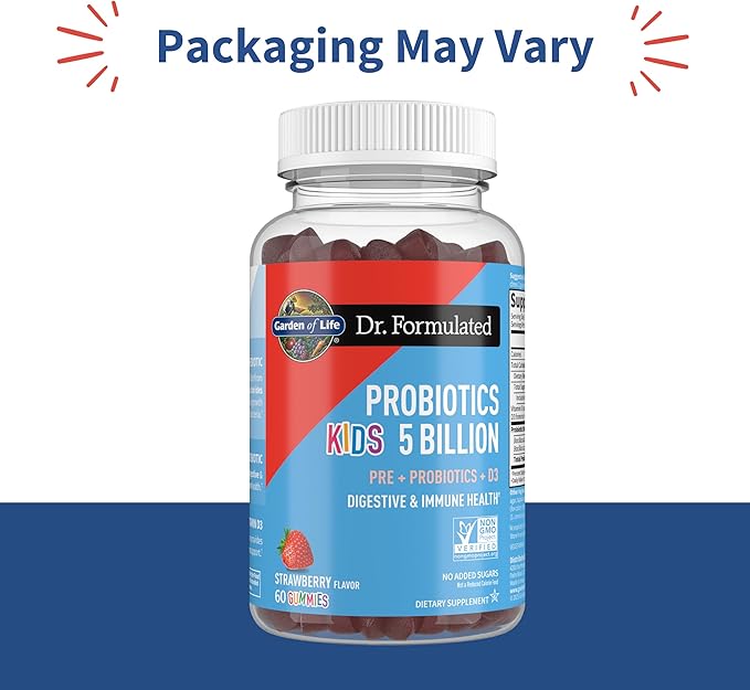 Garden of Life Dr Formulated 5 Billion CFU Prebiotic Fiber, Probiotic and Vitamin D3 Gummies for Kids Digestive & Immune Health – Gluten Free, Non GMO, No Added Sugars, Strawberry Flavor, 60 Gummies