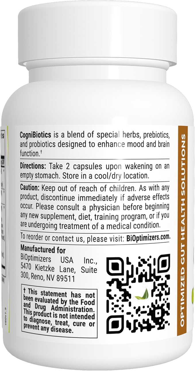 BIOptimizers Cognibiotics Probiotic Brain Supplement - Helps Support Mood, Better Focus, Memory, Mental Clarity - 60 Capsules (Pack of 3)