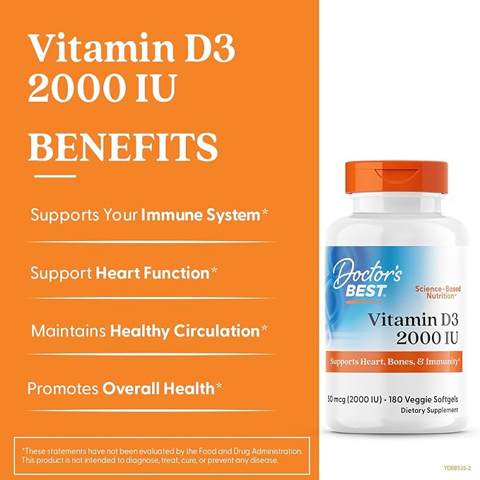 Doctor's Best Vitamin D3 2000 IU Softgels for Men & Women - Vitamin D Supplement for Immune System & Heart Health Support, 50 mcg per Serving, Vit D 3, Non GMO, Gluten & Soy Free - 180 Veggie Softgels