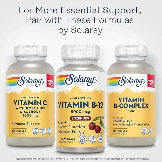 SOLARAY High Potency Vitamin B12 Lozenges 5000mcg - w/Methylcobalamin (Methyl B12), Nerve Function and Cellular Energy Support, Natural Black Cherry, Vegan, Gluten Free, 60-Day Guarantee, 30 Servings