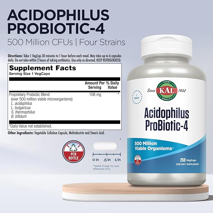 KAL Acidophilus ProBiotic-4, 500 Million CFUs, Four Probiotic Strains, Probiotics for Women and Men, Freeze Dried, L. acidophilus, L. bulgaricus, S. thermophilus, B. bifidum, 250 Servings, 250 VegCaps