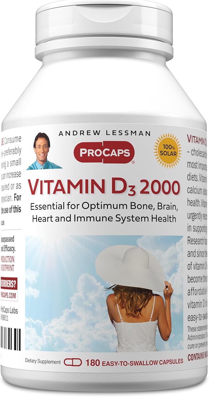ANDREW LESSMAN Vitamin D3 2000 IU 180 Capsules - High Potency, Essential for Calcium Absorption, Supports Bone Health, Healthy Muscle Function, Immune System, More. Small Easy to Swallow Capsules