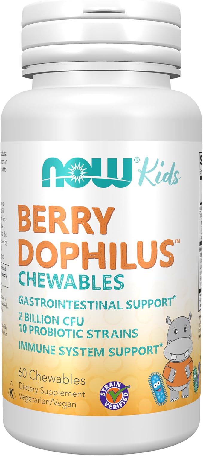 NOW Foods Supplements, BerryDophilus™ with 2 Billion, 10 Probiotic Strains, Xylitol Sweetened, Strain Verified, 60 Chewables, packaging may vary