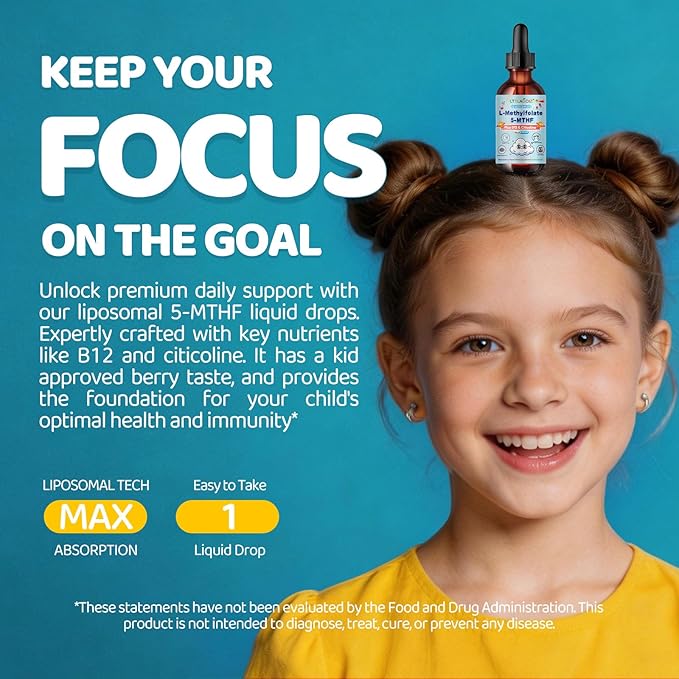 Liposomal L-Methylfolate 5-MTHF Liquid for Kids & Teens – High Absorption Methylated Folate with Citicoline & Methyl B12 – Supports Focus, Clarity & Cognitive Development – Sugar-Free Berry – 2 fl oz