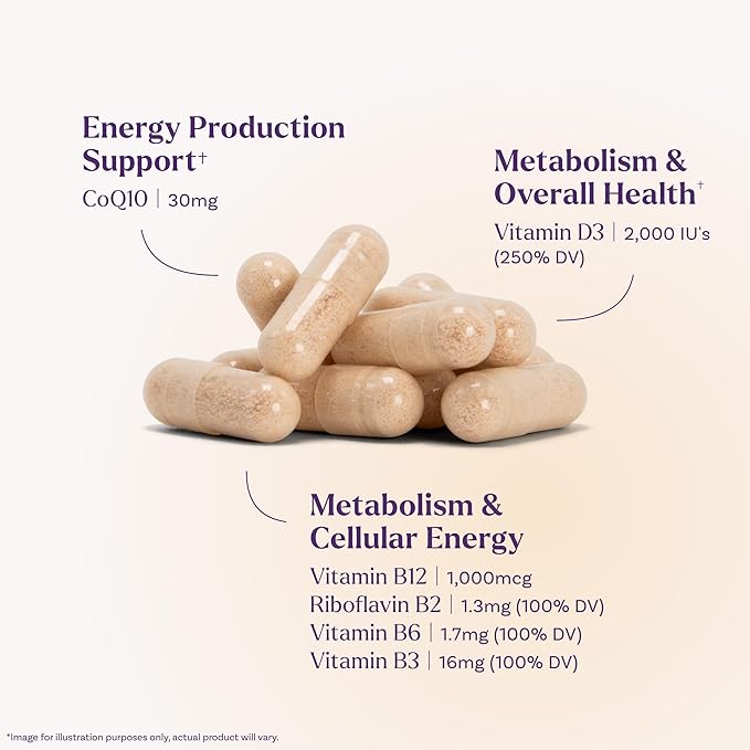 Natrol Ultra Energy 4-in-1 Blend 1000mcg B12, Vitamin B Complex, Vitamin D, CoQ10 Capsules 30 Ct, Vegetarian, Caffeine Free, Supports Cellular Energy Production