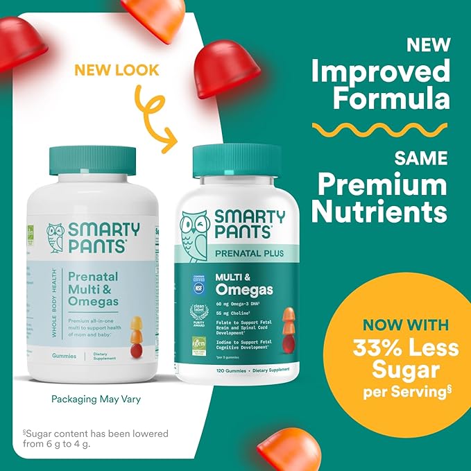 SmartyPants Prenatal Multivitamin Gummies, Omega 3 (DHA/EPA), Methylfolate, Biotin, Vitamin D3, C, Vitamin B12, B6, A, K & Zinc, Gluten Free, 120 Count (40 Day Supply) (Pack of 2)