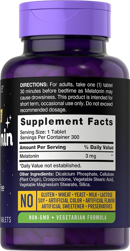 Carlyle Melatonin 3mg Tablets | 300 Count | Low Dose and Drug Free | Vegetarian, Non-GMO, Gluten Free Supplement