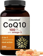 NatureBell CoQ10 100mg with Omega 3, 240 Capsules | Stable High Absorption Form – Antioxidant Support for Heart & Energy Health – Extra Strength Coenzyme Q10 Supplement