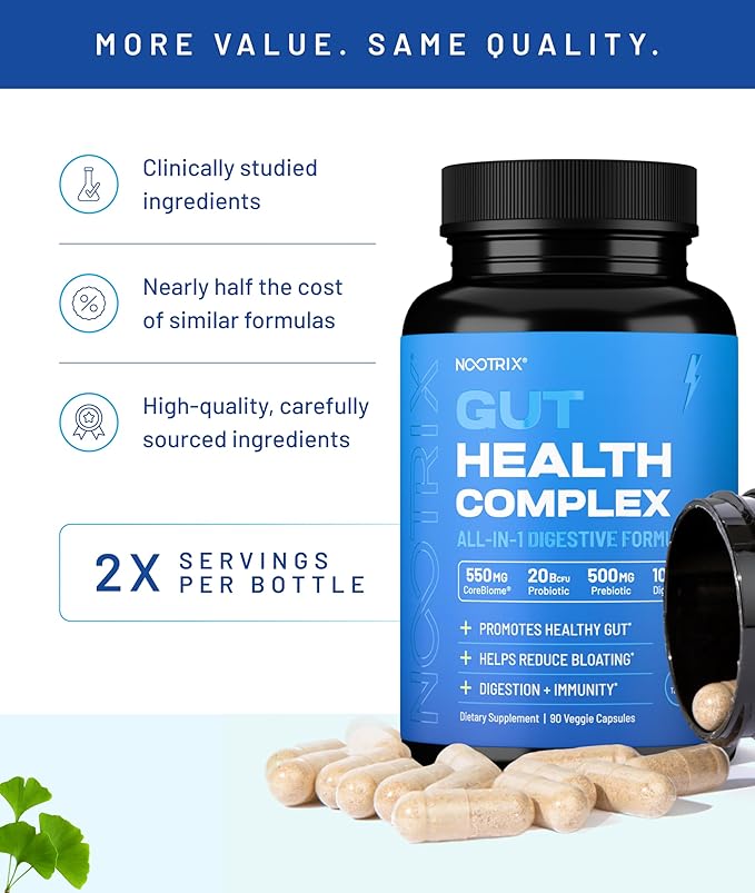 Nootrix Gut Health Complex Supplement | Probiotics for Gut Health, Colon Cleanse & Bloating Relief | Promotes Healthy Digestion | Digestive Enzymes, Postbiotics & Prebiotics | 90 Capsules