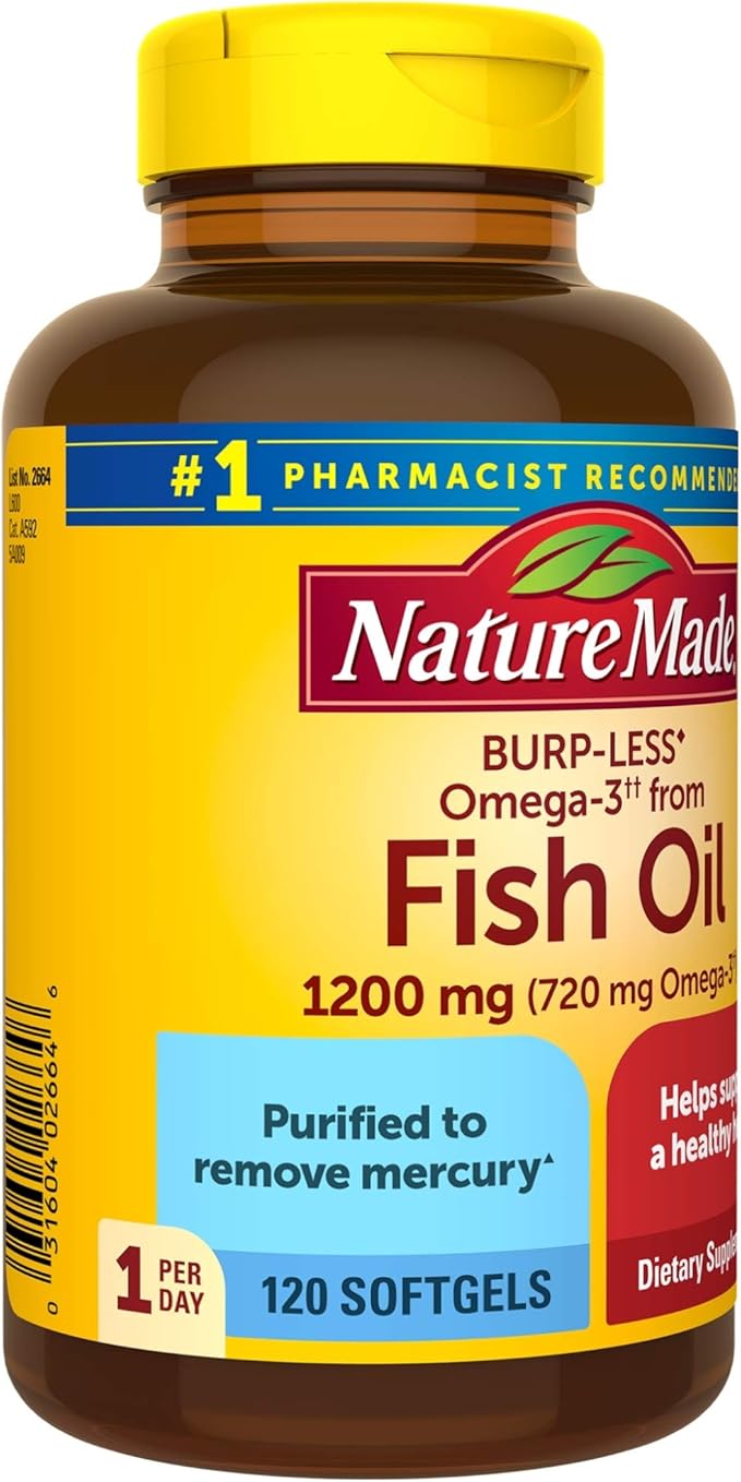 Nature Made Burp-Less Fish Oil 1200 mg One Per Day, 120 Softgels, Fish Oil Omega 3 Supplement for Heart Health (Pack of 3)