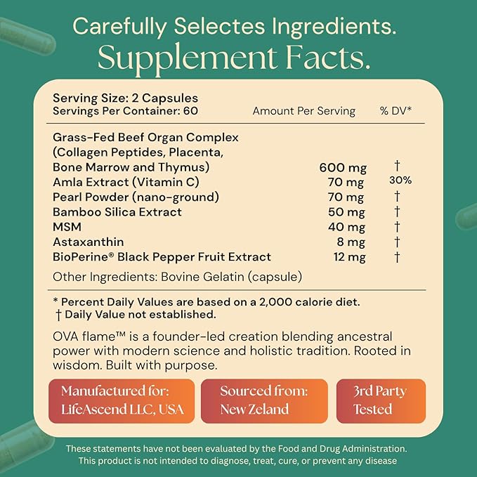 Beef Organs for Women - 100% Grass Fed, Pasture Raised in New Zealand - 120 Caps - Collagen Blend featuring Placenta, Bone Marrow, Thymus, Amla, Astaxanthin, MSM, Pearl Powder & Bamboo Silica
