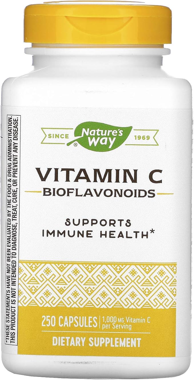 Nature's Way Vitamin C with Bioflavonoids, Immune Support*, High Potency Vitamin C per 2-Capsule Serving, Promotes Collagen*, 1,000 mg per 2-Capsule Serving, 250 Capsules (Packaging May Vary)