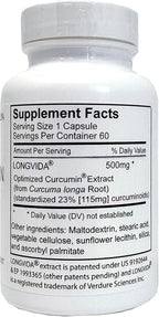 Longvida Curcumin 500 mg 60 Capsules - High Absorption 285x More Bioavailable Curcumin Supplement Non-GMO, Vegan & Gluten Free 60 Servings
