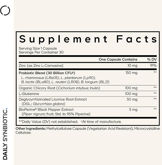 Codeage Daily Synbiotic Supplement - Prebiotics, Lactobacillus & Bifidobacterium Probiotics, L-Glutamine, Zinc L-Carnosine, DGL, Synbiotic Probiotic, BioPerine - Shelf-Stable - 30 Capsules
