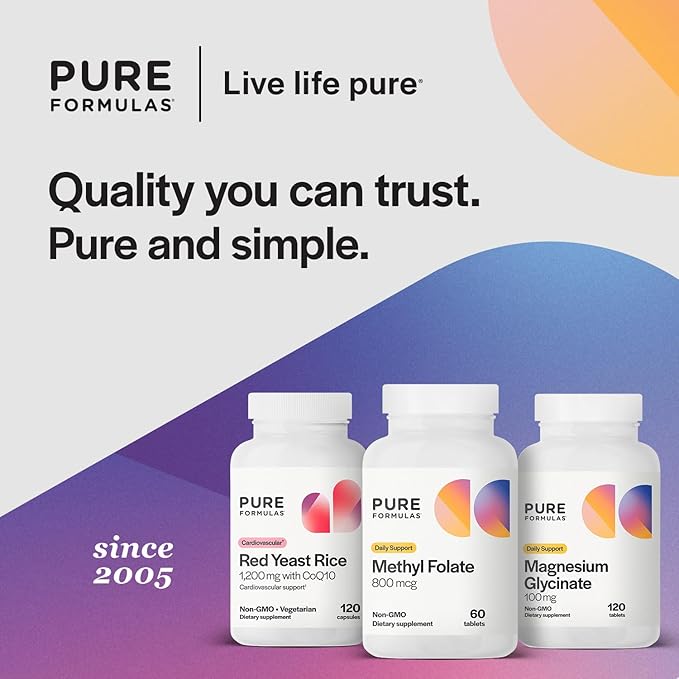 PureFormulas Methylfolate 800 mcg – Active B9 (5-MTHF) for Cardiovascular, Nerve & Mood Health, Non-GMO Vegetarian Tablets, 60 Count