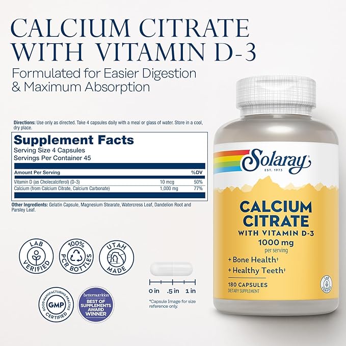 Solaray Calcium Citrate with Vitamin D3 1000mg - Bone Strength and Healthy Teeth Support - Gentle Digestion Formula - Lab Verified, 60-Day Guarantee - 30 Servings, 180 Capsules