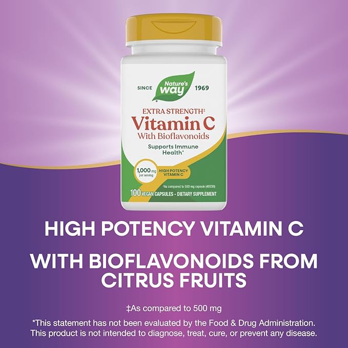 Nature's Way Extra Strength(1) Vitamin C with Bioflavonoids, Supports Immune Health*, Promotes Collagen Production for Healthy Skin*, 1,000 mg per Capsule, 100 Vegan Capsules (Packaging May Vary)