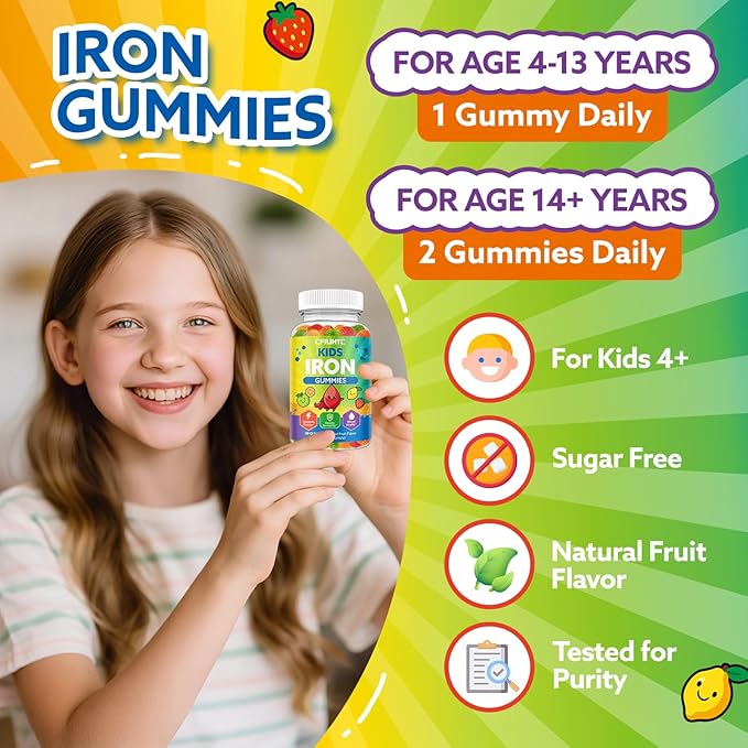 Iron Gummies for Kids & Teens, Kids Multivitamin with Iron Supplement, Calcium, Folate, Zinc, Prebiotic - for Blood Builder & Energy Support, Iron Deficiency - Vegan & Non-GMO - Mixed Fruits Flavor