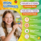 Iron Gummies for Kids & Teens, Kids Multivitamin with Iron Supplement, Calcium, Folate, Zinc, Prebiotic - for Blood Builder & Energy Support, Iron Deficiency - Vegan & Non-GMO - Mixed Fruits Flavor