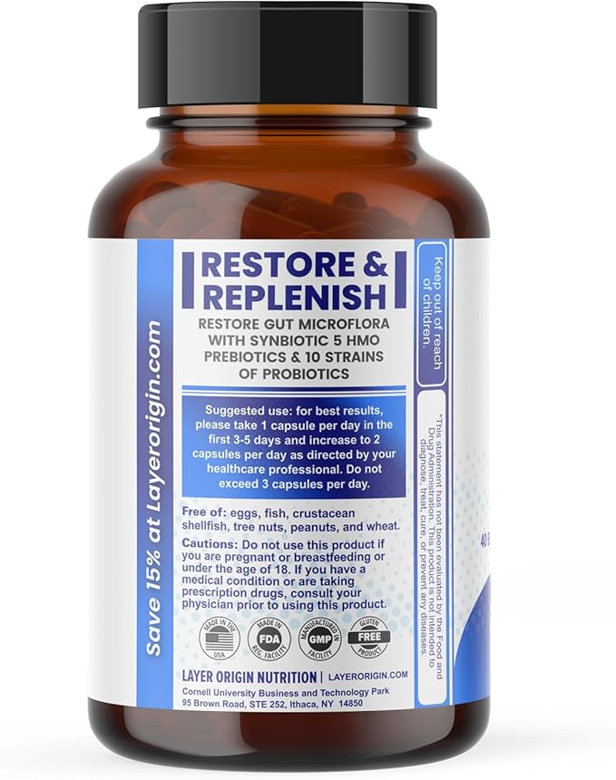 Layer Origin SuperHMO: Synbiotic Capsules with 5 HMO Prebiotics & 40 Billion CFU Probiotics - Bifidobacteria & Lactobacillus, 60 Count