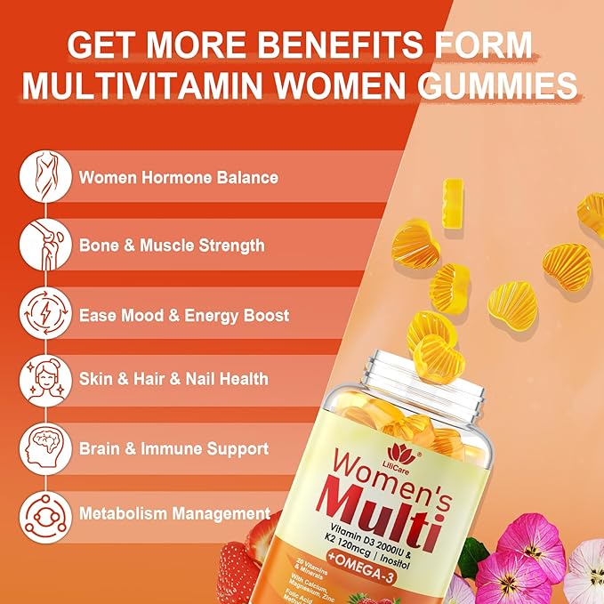 Womens Multivitamin Gummy with Omega 3（DHA/EPA), Vitamin D3 K2, Calcium, Inositol, Daily Womens Vitamin A C E B Complex, L-MethylFolate, Methyl B12,Sugar Free Methylated Multivitamins Minerals, 60Cts